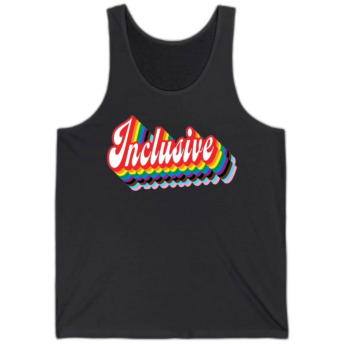 Inclusive pride rainbow design with bold red 3D lettering and layered rainbow wave stripes in full spectrum colors in Dark Grey