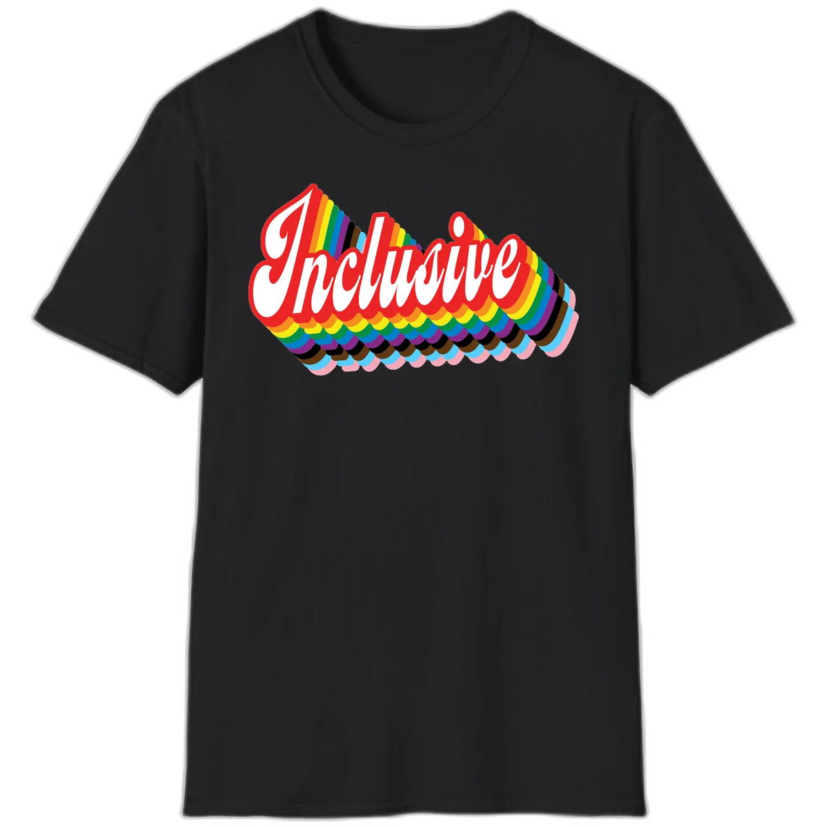 Inclusive pride rainbow design with bold red 3D lettering and layered rainbow wave stripes in full spectrum colors in Black