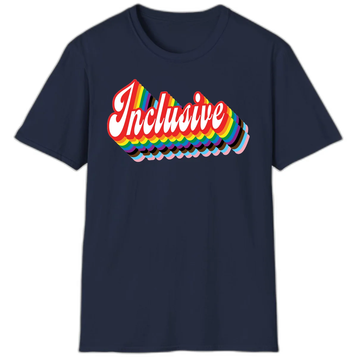 Inclusive pride rainbow design with bold red 3D lettering and layered rainbow wave stripes in full spectrum colors in Navy