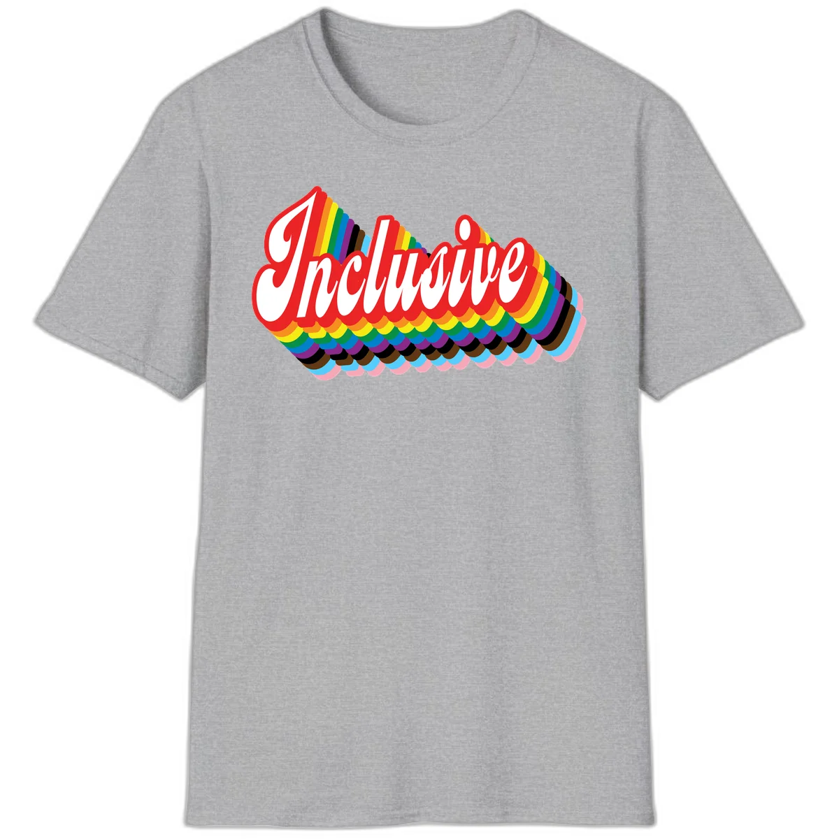 Inclusive pride rainbow design with bold red 3D lettering and layered rainbow wave stripes in full spectrum colors in Sport Grey