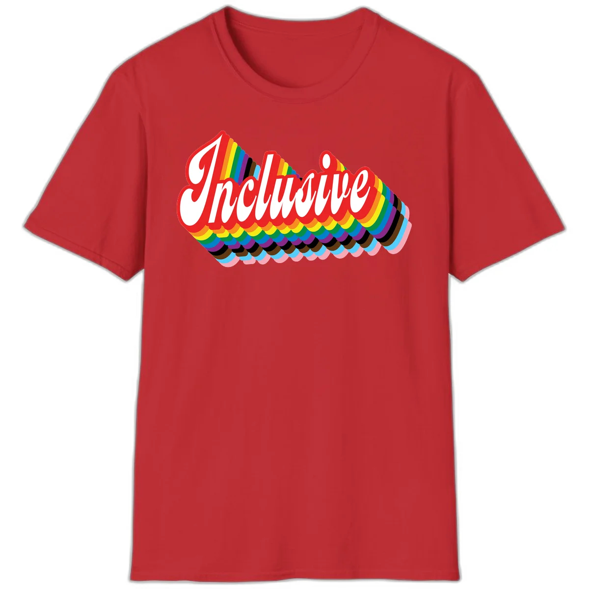 Inclusive pride rainbow design with bold red 3D lettering and layered rainbow wave stripes in full spectrum colors in Red