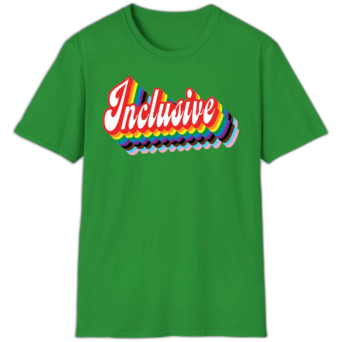 Inclusive pride rainbow design with bold red 3D lettering and layered rainbow wave stripes in full spectrum colors in Irish Green