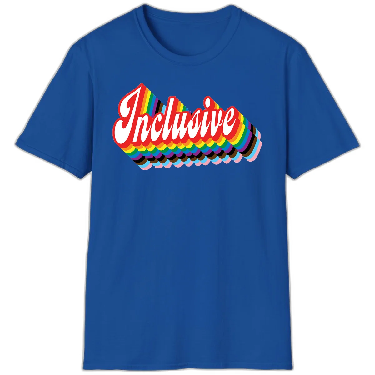 Inclusive pride rainbow design with bold red 3D lettering and layered rainbow wave stripes in full spectrum colors in Royal