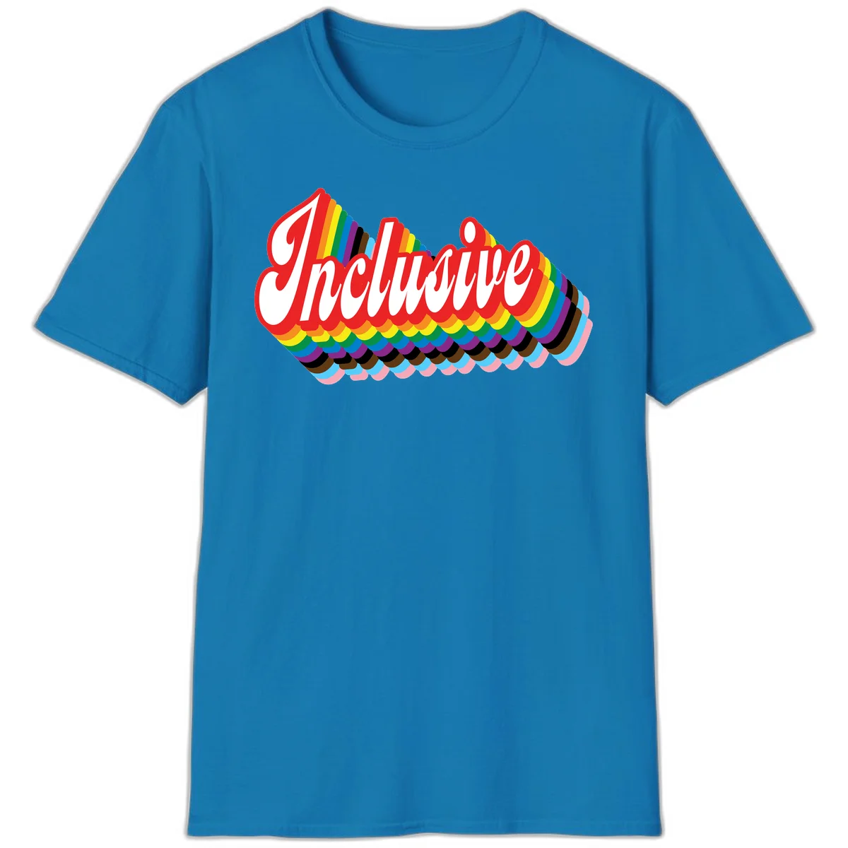 Inclusive pride rainbow design with bold red 3D lettering and layered rainbow wave stripes in full spectrum colors in Sapphire