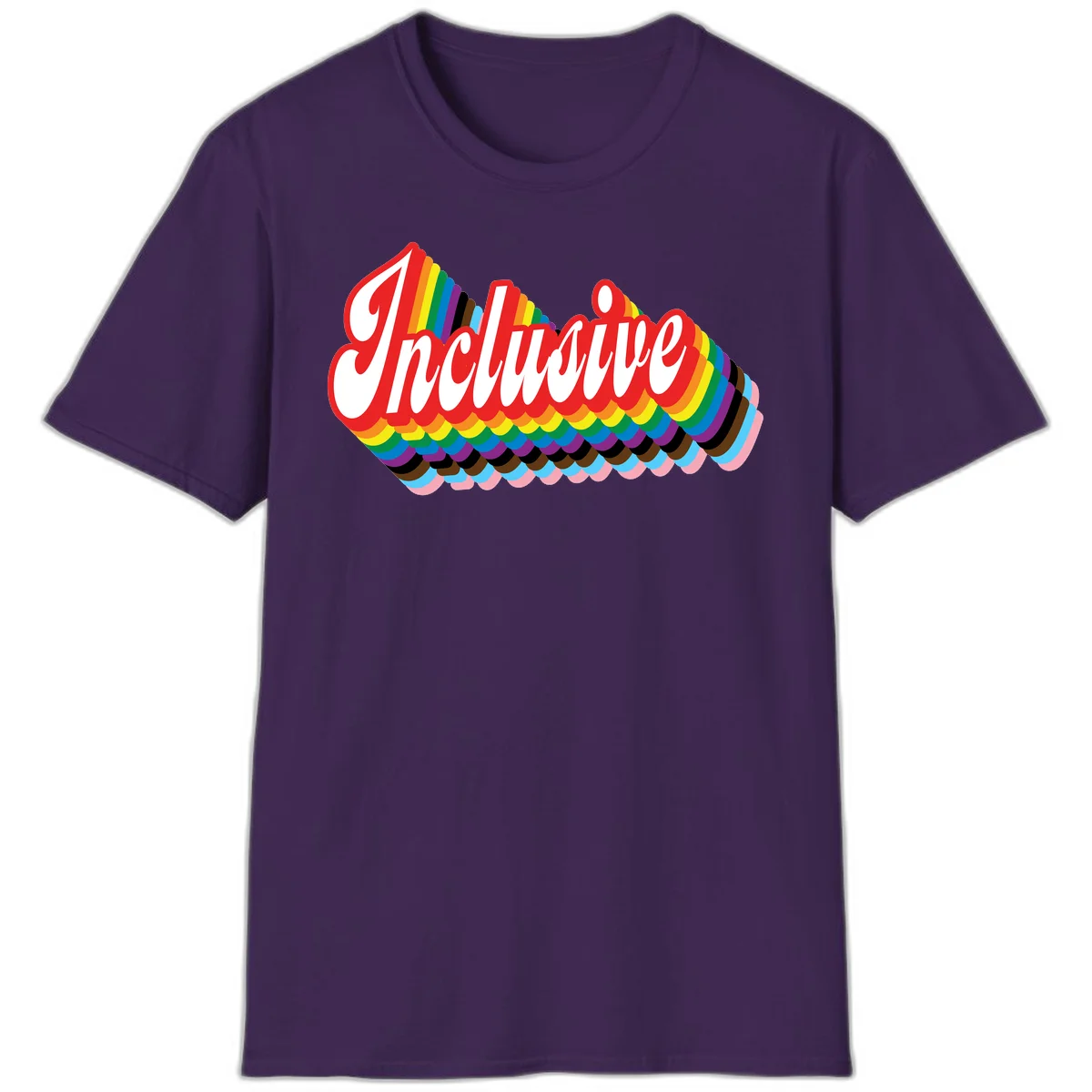 Inclusive pride rainbow design with bold red 3D lettering and layered rainbow wave stripes in full spectrum colors in Purple