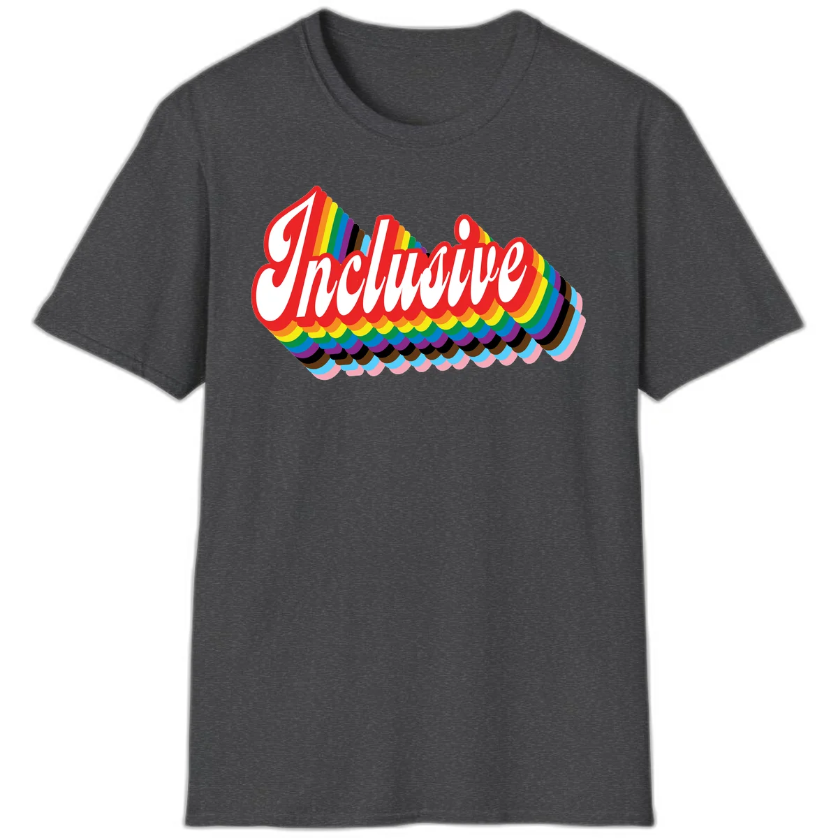 Inclusive pride rainbow design with bold red 3D lettering and layered rainbow wave stripes in full spectrum colors in Dark Heather
