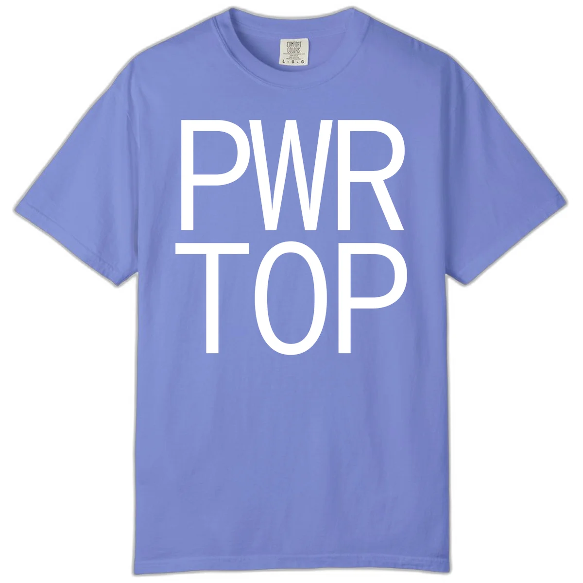PWR TOP bold sans-serif typography design in white lettering on gray background in Flo Blue