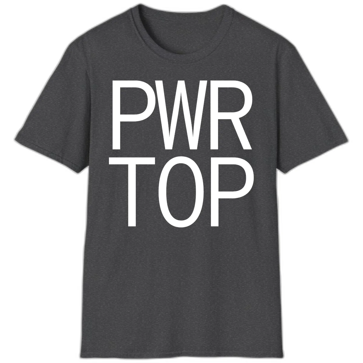 PWR TOP bold sans-serif typography design in white lettering on gray background in Dark Heather