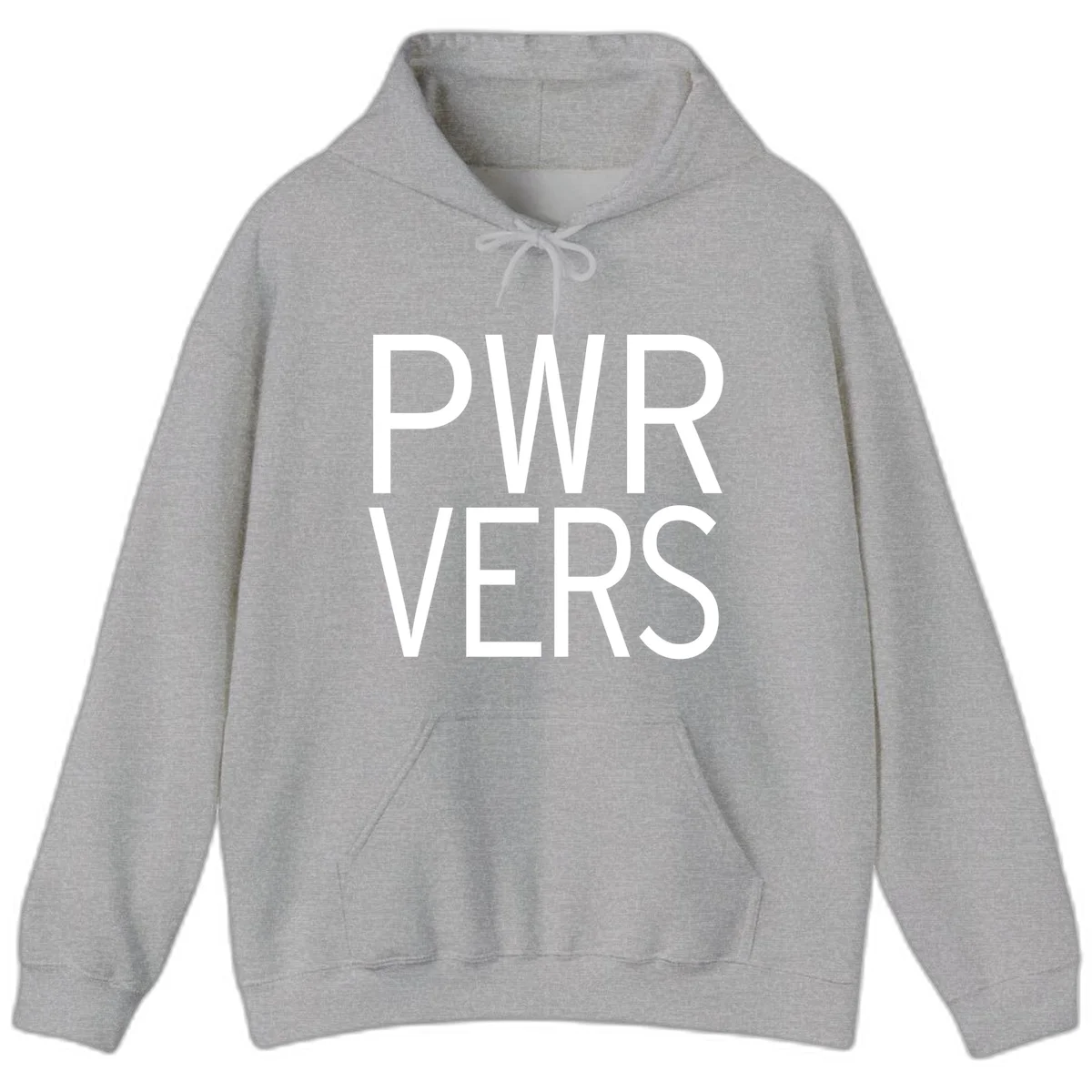 Bold white 'PWR VERS' text on gray background - a proud typography design celebrating LGBTQ+ identity in Sport Grey