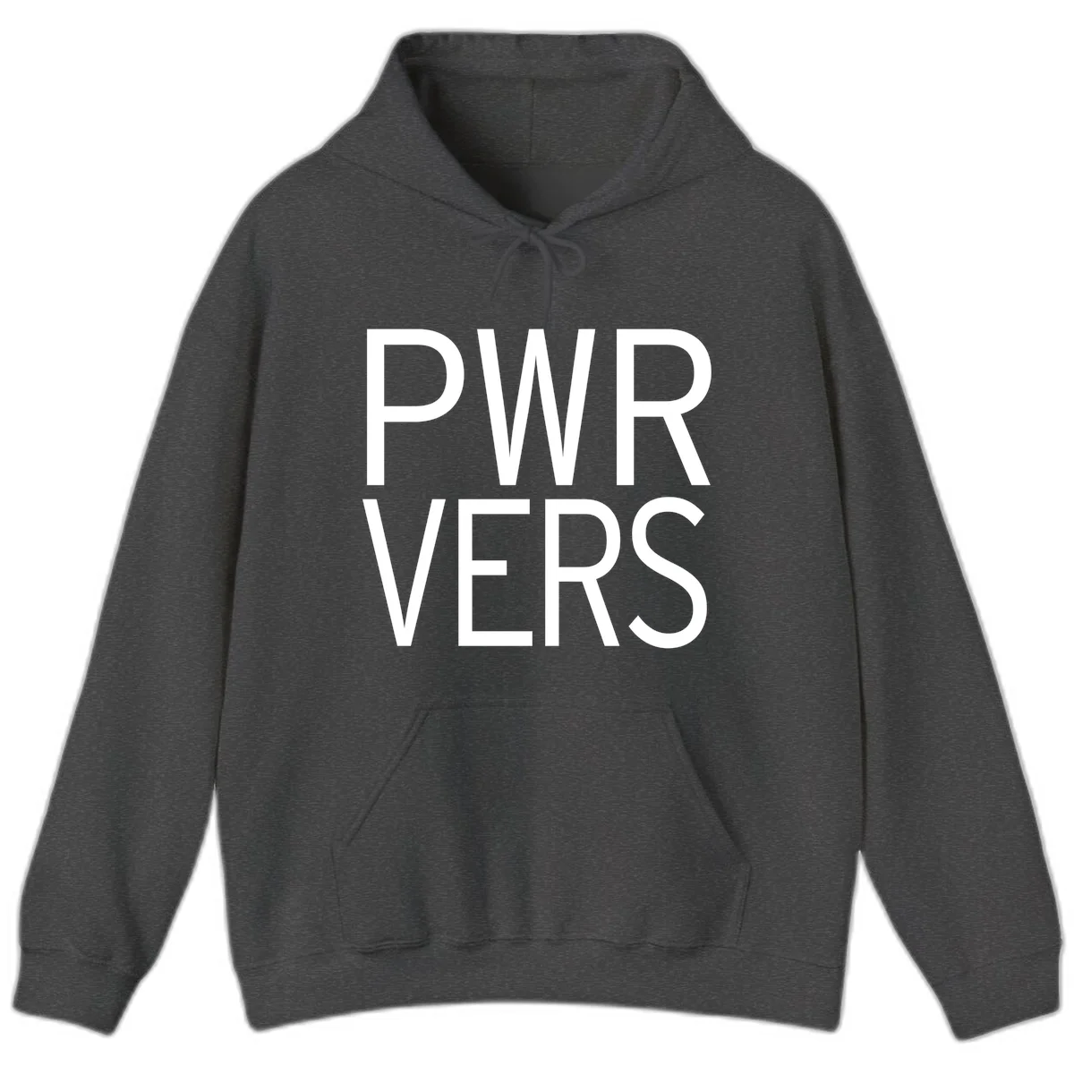 Bold white 'PWR VERS' text on gray background - a proud typography design celebrating LGBTQ+ identity in Dark Heather