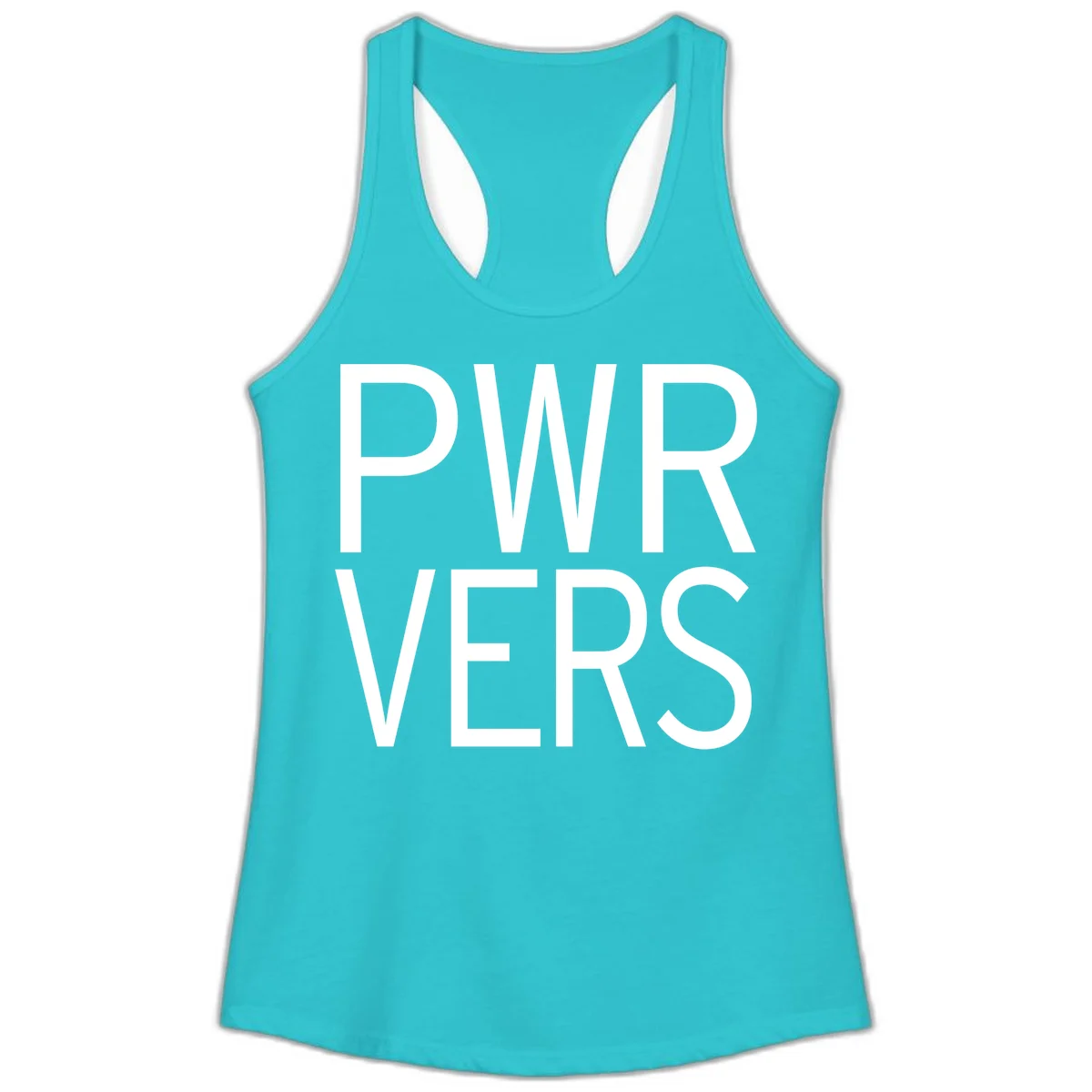 Bold white 'PWR VERS' text on gray background - a proud typography design celebrating LGBTQ+ identity in Solid Tahiti Blue