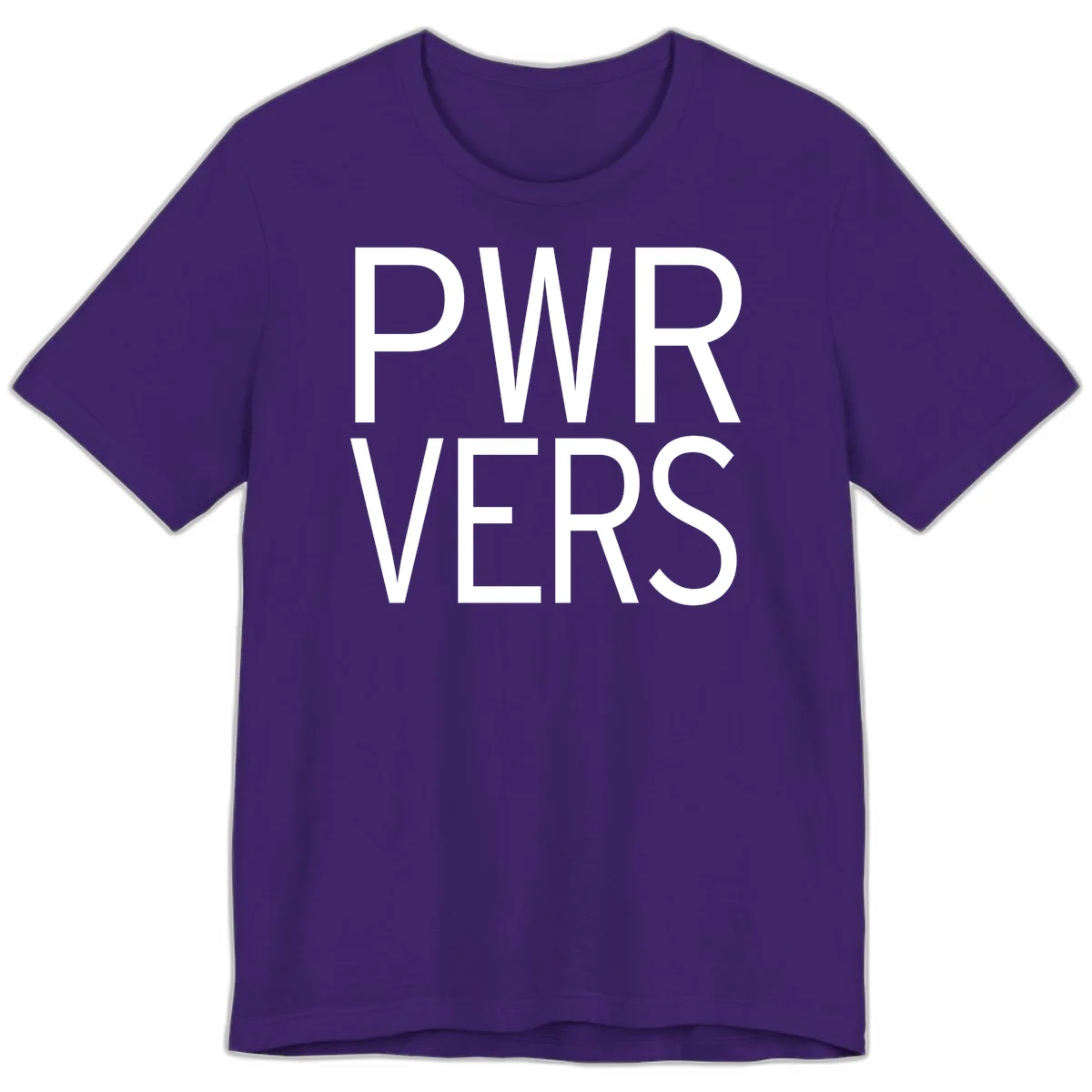 Bold white 'PWR VERS' text on gray background - a proud typography design celebrating LGBTQ+ identity in Team Purple