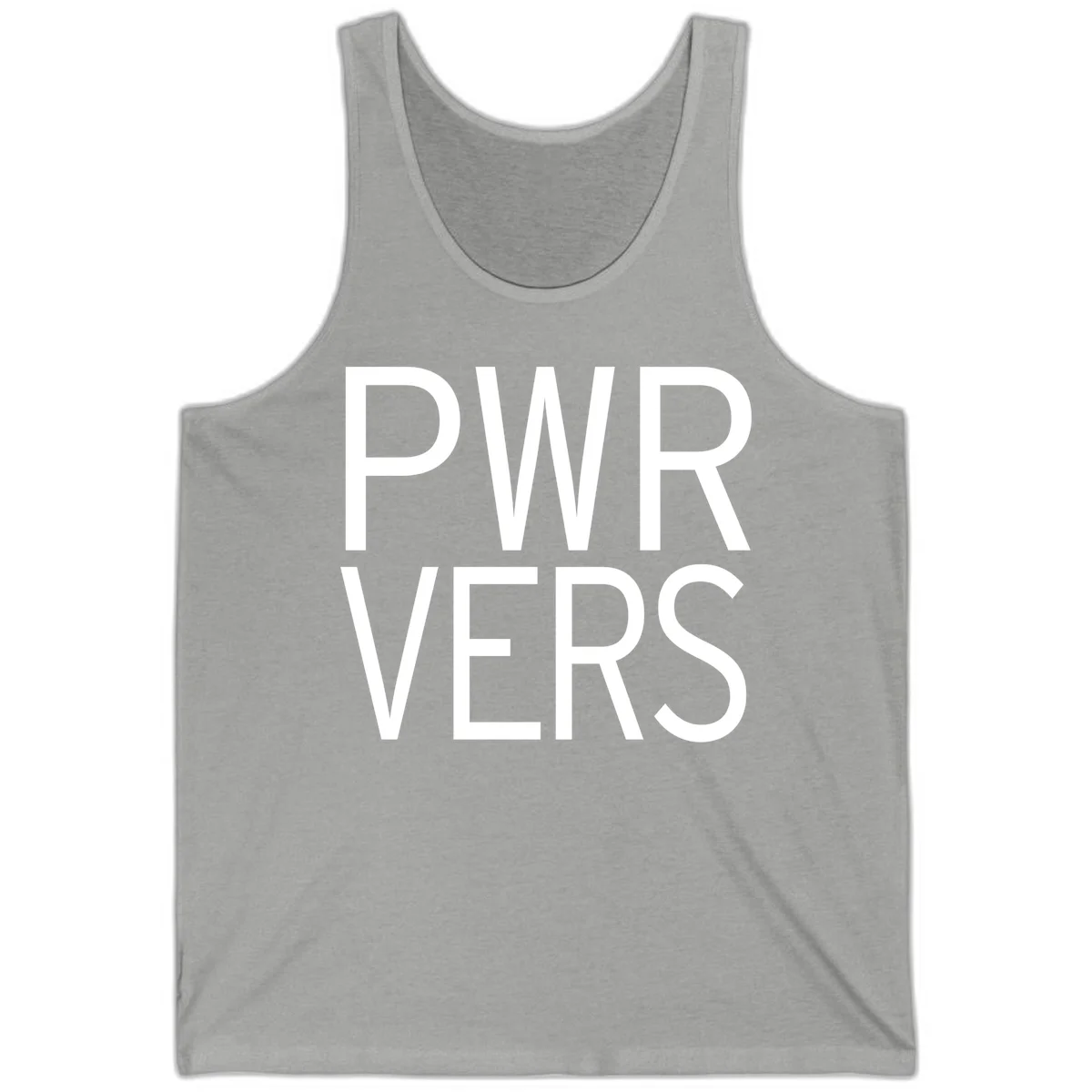 Bold white 'PWR VERS' text on gray background - a proud typography design celebrating LGBTQ+ identity in Athletic Heather