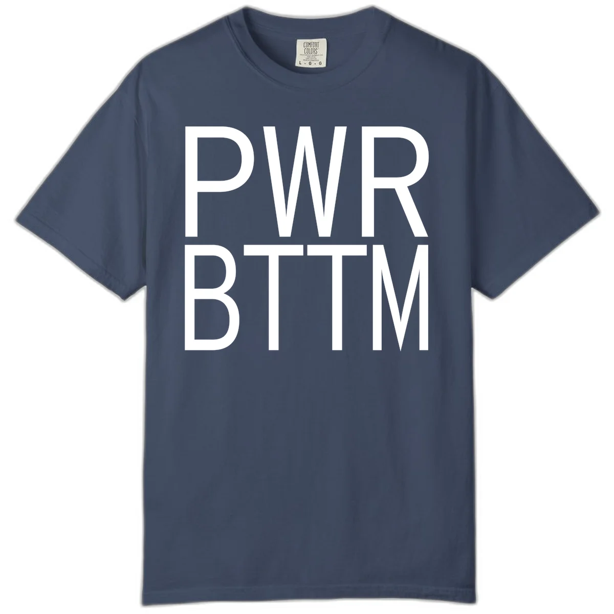 PWR BTTM pride shirt design with bold white sans-serif lettering stacked vertically on gray background in Midnight