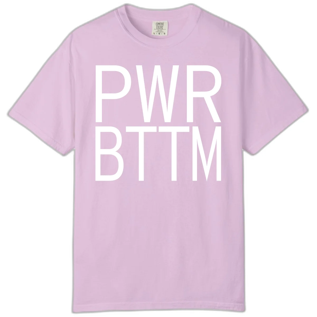 PWR BTTM pride shirt design with bold white sans-serif lettering stacked vertically on gray background in Orchid