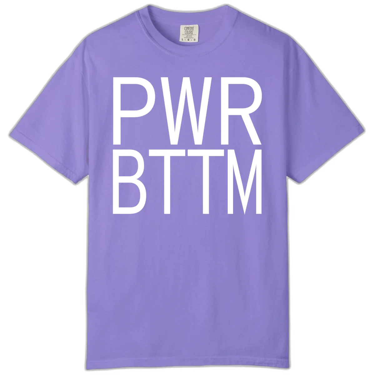 PWR BTTM pride shirt design with bold white sans-serif lettering stacked vertically on gray background in Violet