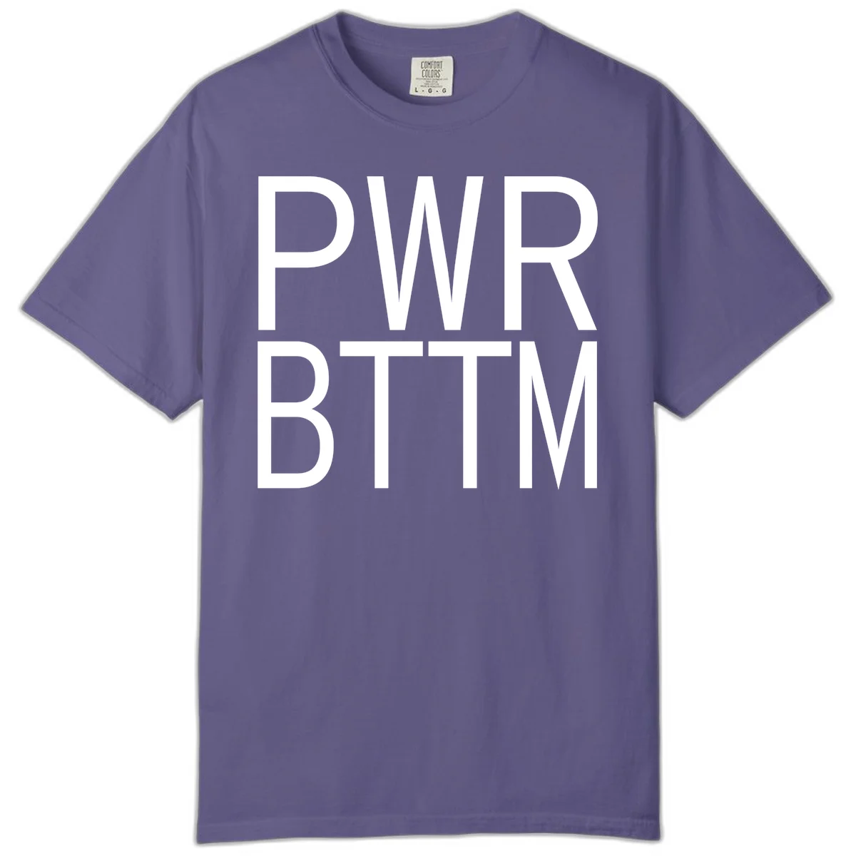 PWR BTTM pride shirt design with bold white sans-serif lettering stacked vertically on gray background in Grape