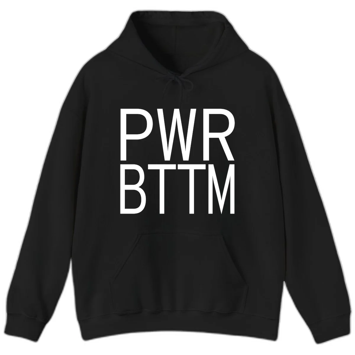 PWR BTTM pride shirt design with bold white sans-serif lettering stacked vertically on gray background in Black