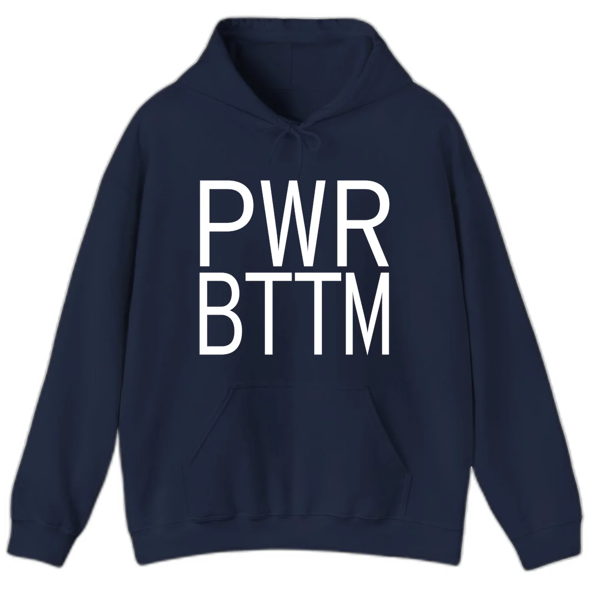 PWR BTTM pride shirt design with bold white sans-serif lettering stacked vertically on gray background in Navy
