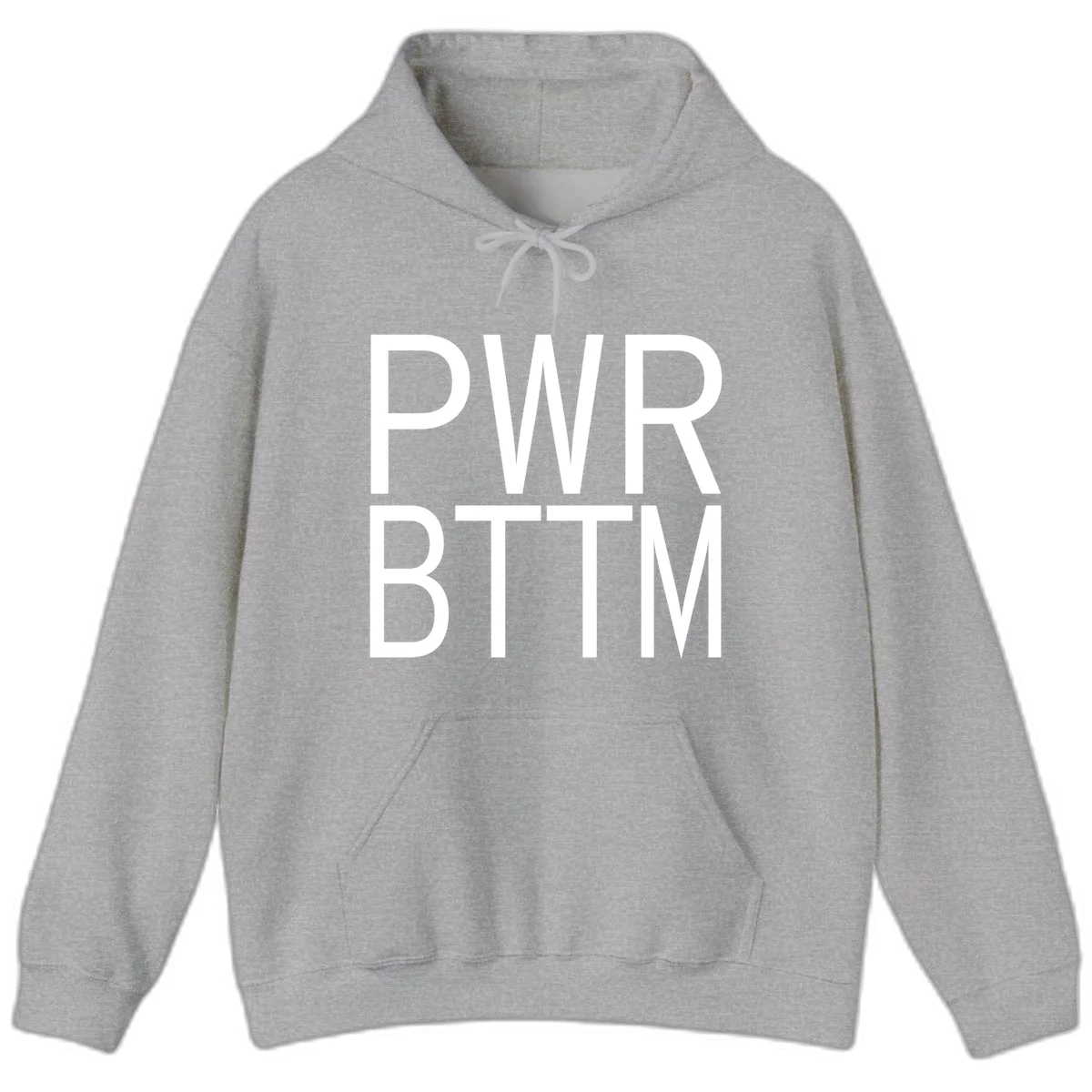 PWR BTTM pride shirt design with bold white sans-serif lettering stacked vertically on gray background in Sport Grey