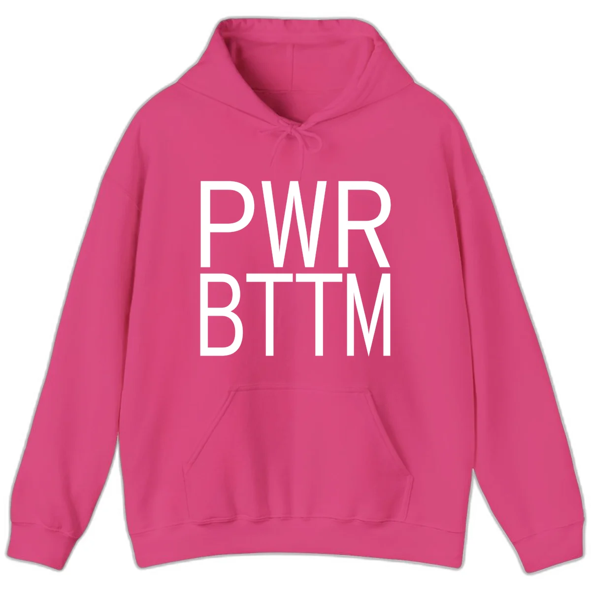 PWR BTTM pride shirt design with bold white sans-serif lettering stacked vertically on gray background in Heliconia