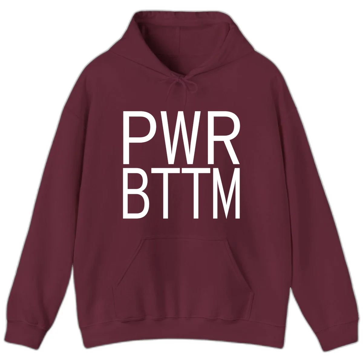 PWR BTTM pride shirt design with bold white sans-serif lettering stacked vertically on gray background in Maroon