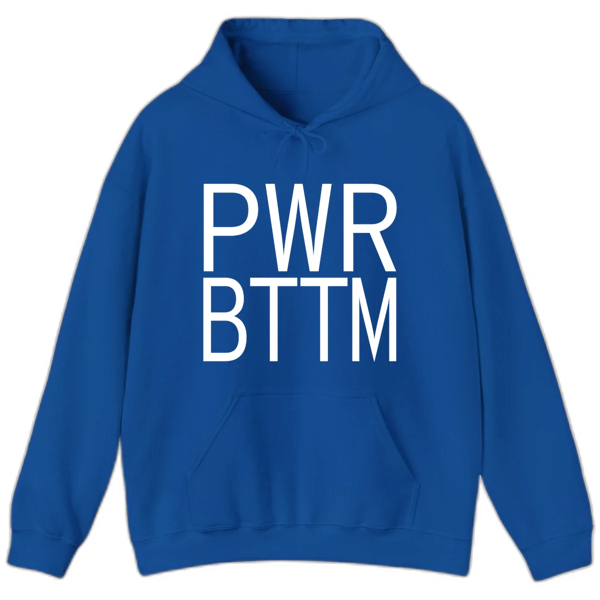 PWR BTTM pride shirt design with bold white sans-serif lettering stacked vertically on gray background in Royal