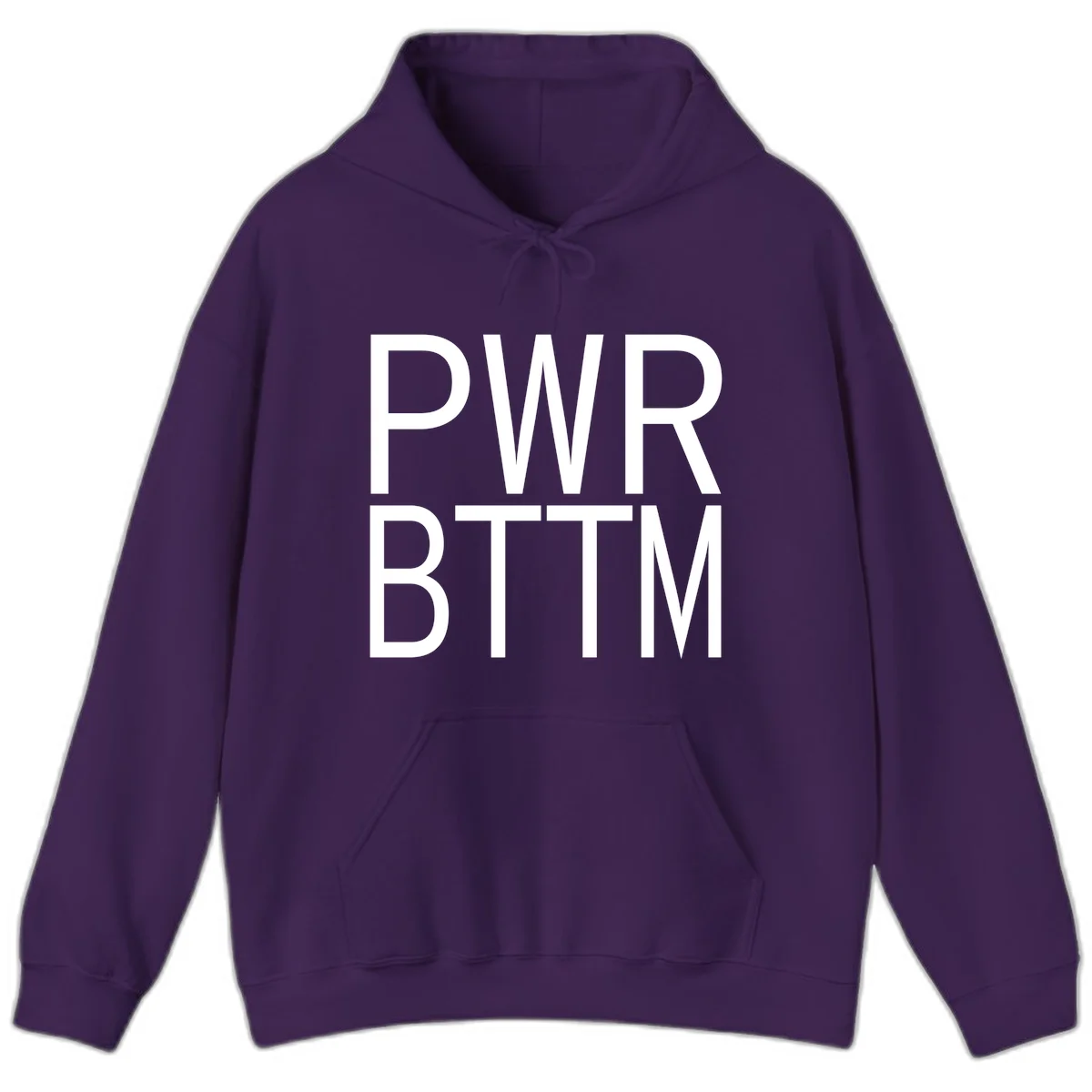 PWR BTTM pride shirt design with bold white sans-serif lettering stacked vertically on gray background in Purple