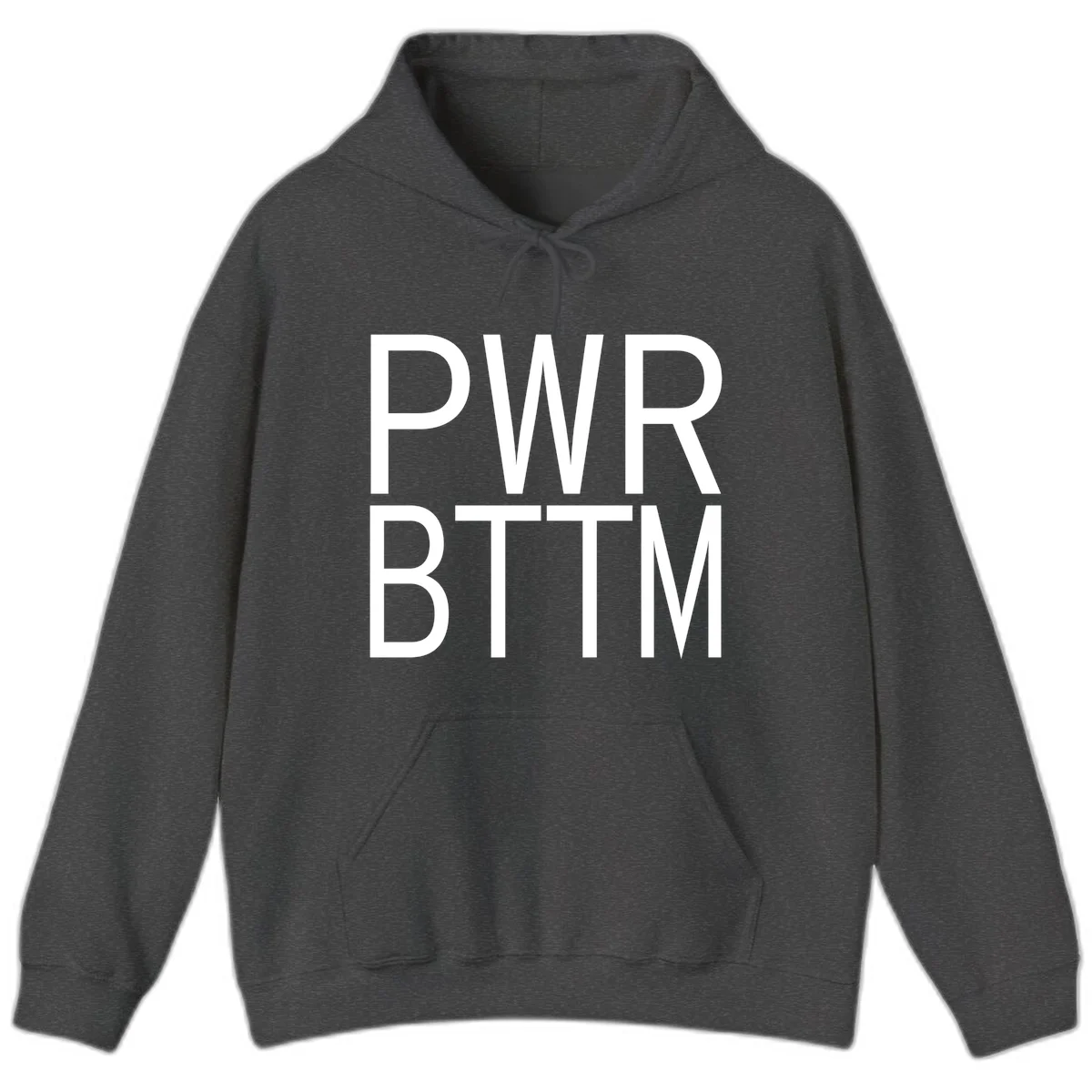 PWR BTTM pride shirt design with bold white sans-serif lettering stacked vertically on gray background in Dark Heather