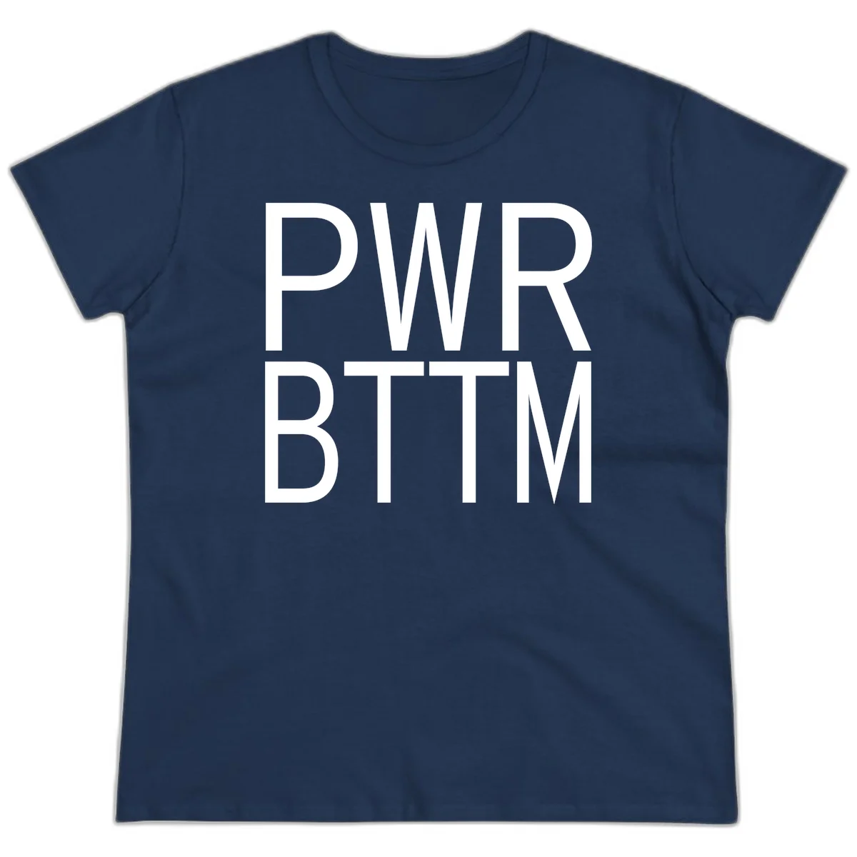 PWR BTTM pride shirt design with bold white sans-serif lettering stacked vertically on gray background in Navy