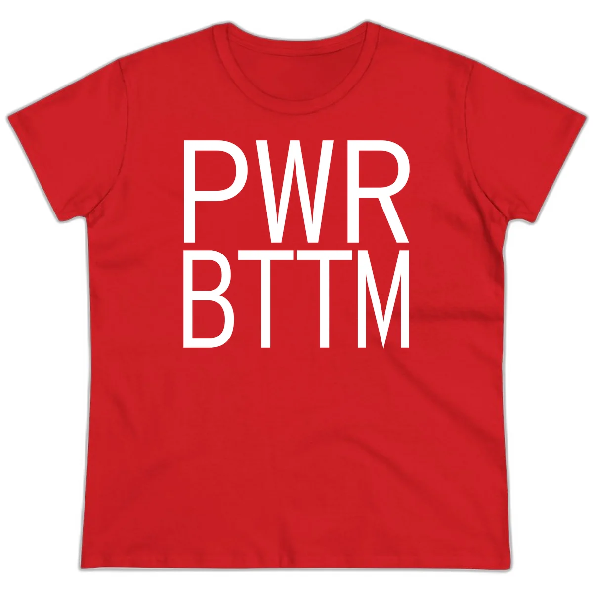 PWR BTTM pride shirt design with bold white sans-serif lettering stacked vertically on gray background in Red