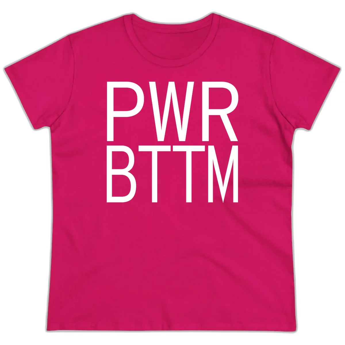 PWR BTTM pride shirt design with bold white sans-serif lettering stacked vertically on gray background in Heliconia
