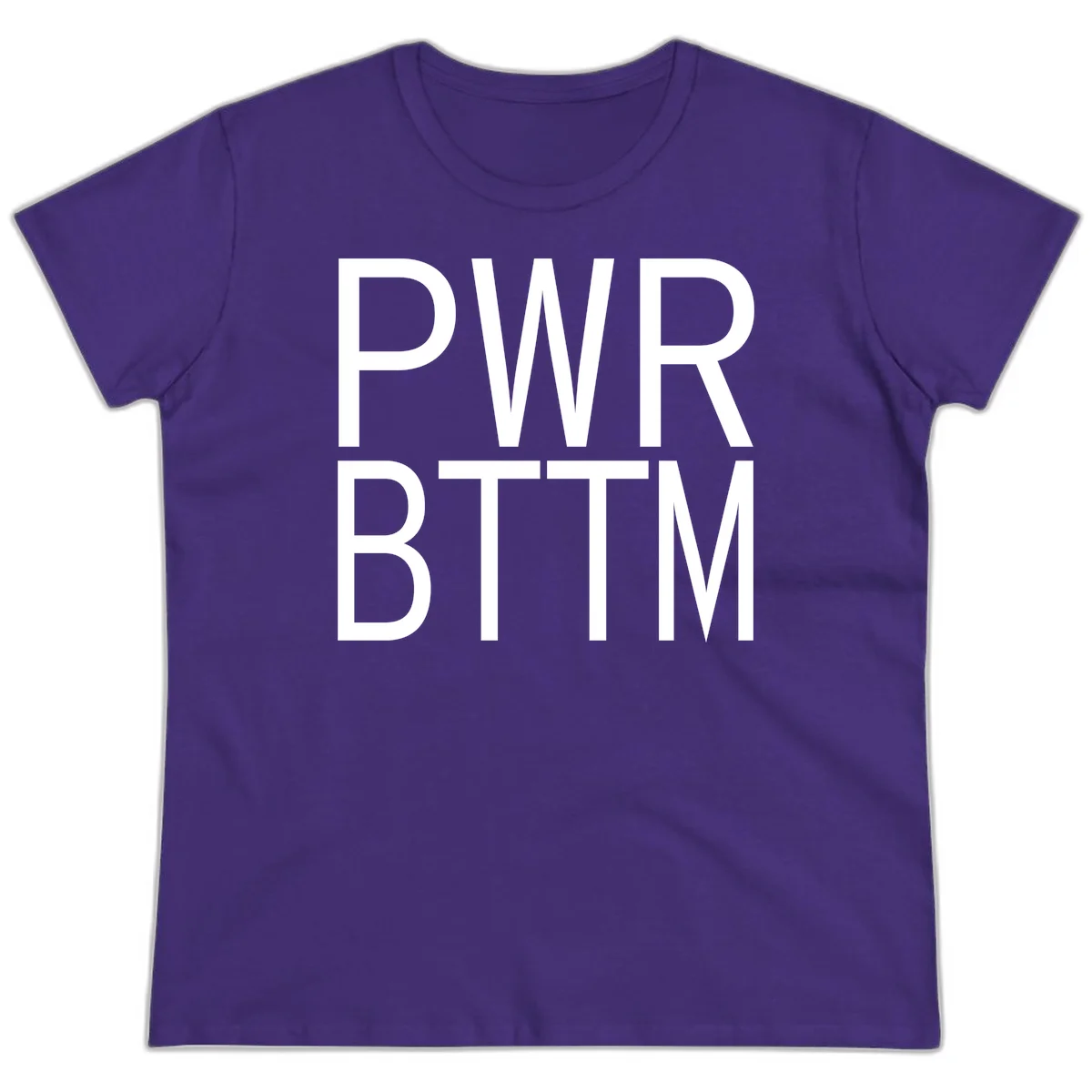 PWR BTTM pride shirt design with bold white sans-serif lettering stacked vertically on gray background in Purple
