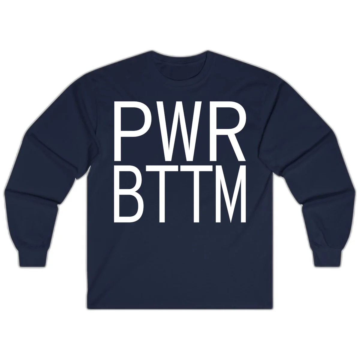 PWR BTTM pride shirt design with bold white sans-serif lettering stacked vertically on gray background in Navy