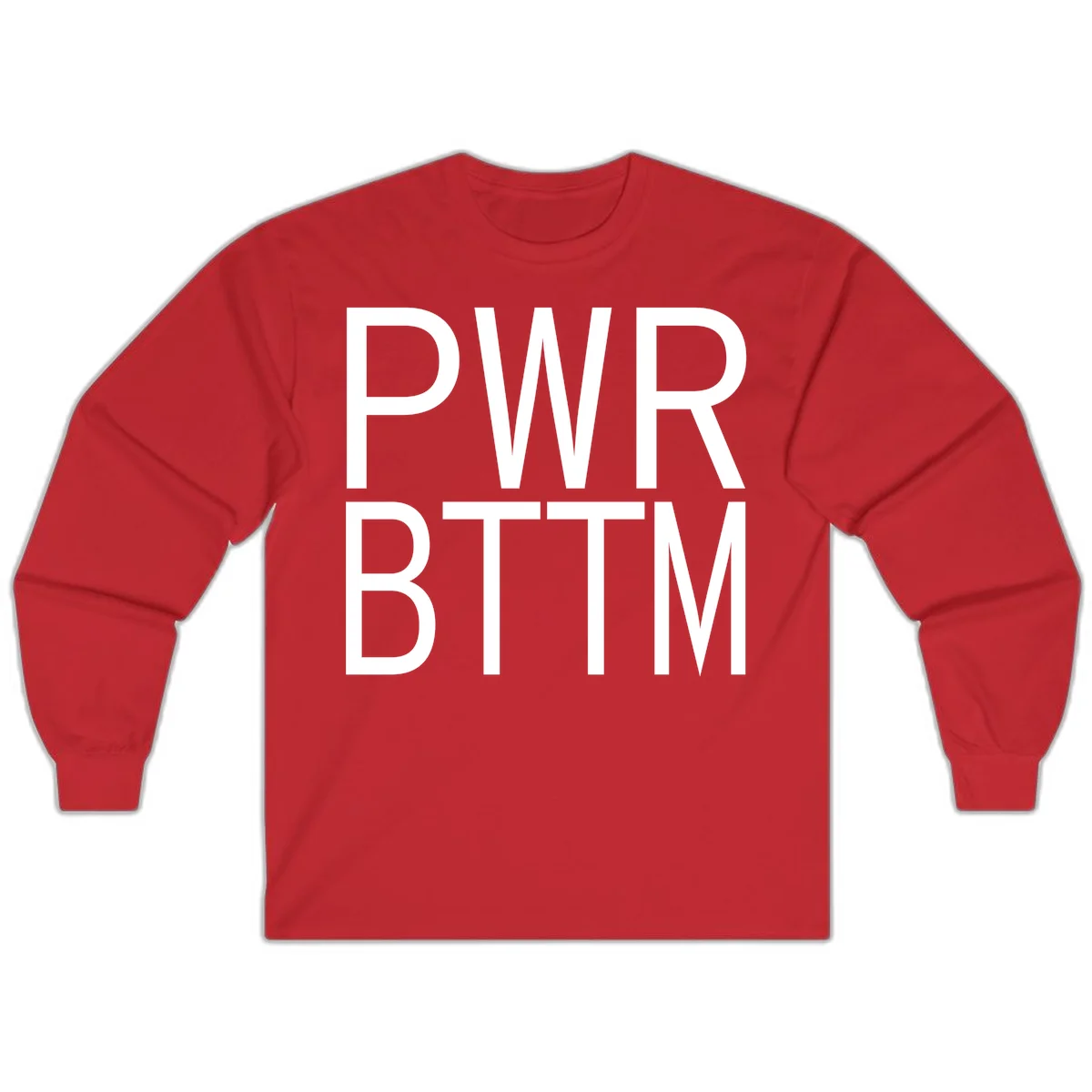 PWR BTTM pride shirt design with bold white sans-serif lettering stacked vertically on gray background in Red