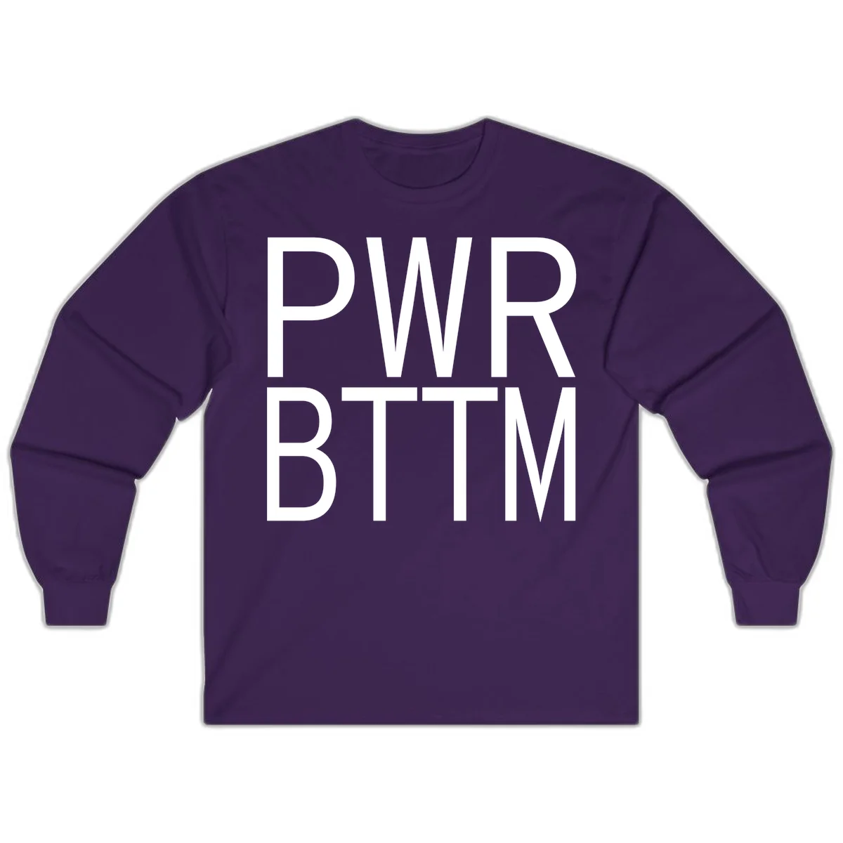 PWR BTTM pride shirt design with bold white sans-serif lettering stacked vertically on gray background in Purple