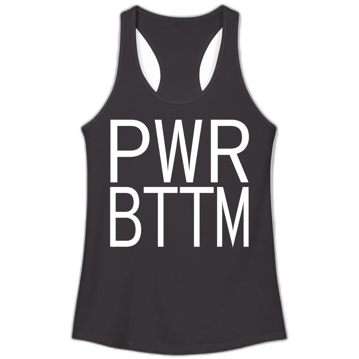 PWR BTTM pride shirt design with bold white sans-serif lettering stacked vertically on gray background in Black