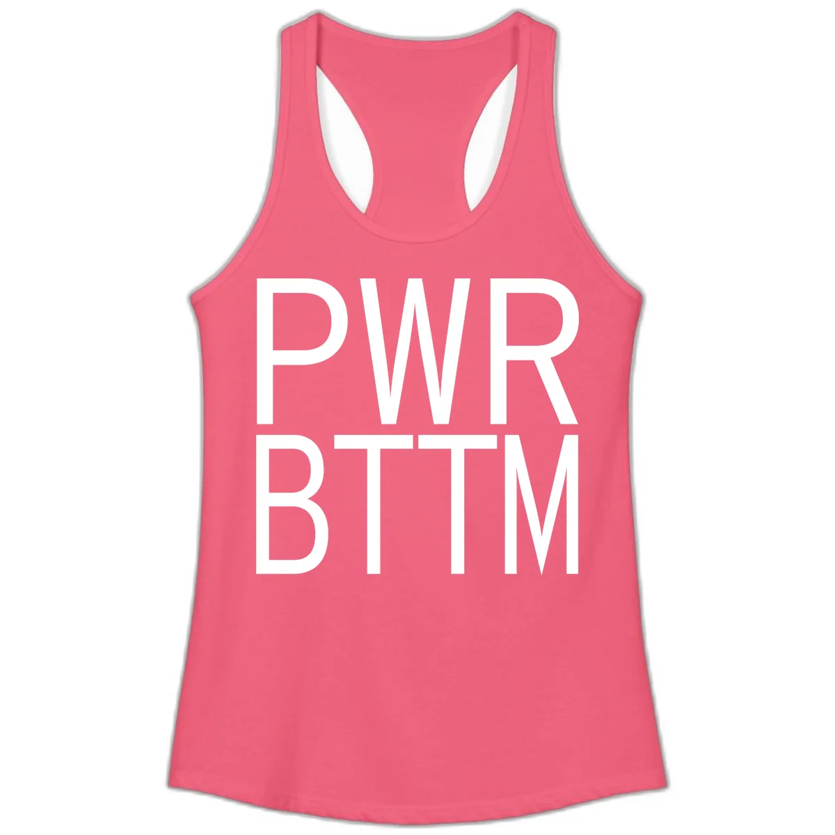 PWR BTTM pride shirt design with bold white sans-serif lettering stacked vertically on gray background in Hot Pink