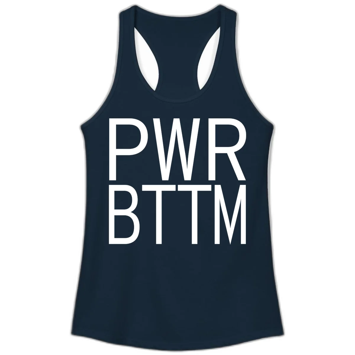 PWR BTTM pride shirt design with bold white sans-serif lettering stacked vertically on gray background in Solid Midnight Navy