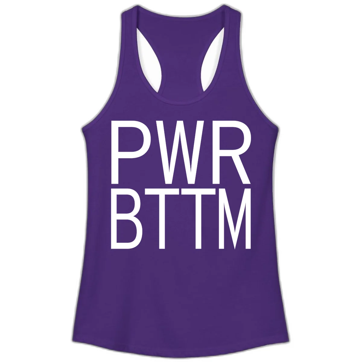 PWR BTTM pride shirt design with bold white sans-serif lettering stacked vertically on gray background in Solid Purple Rush