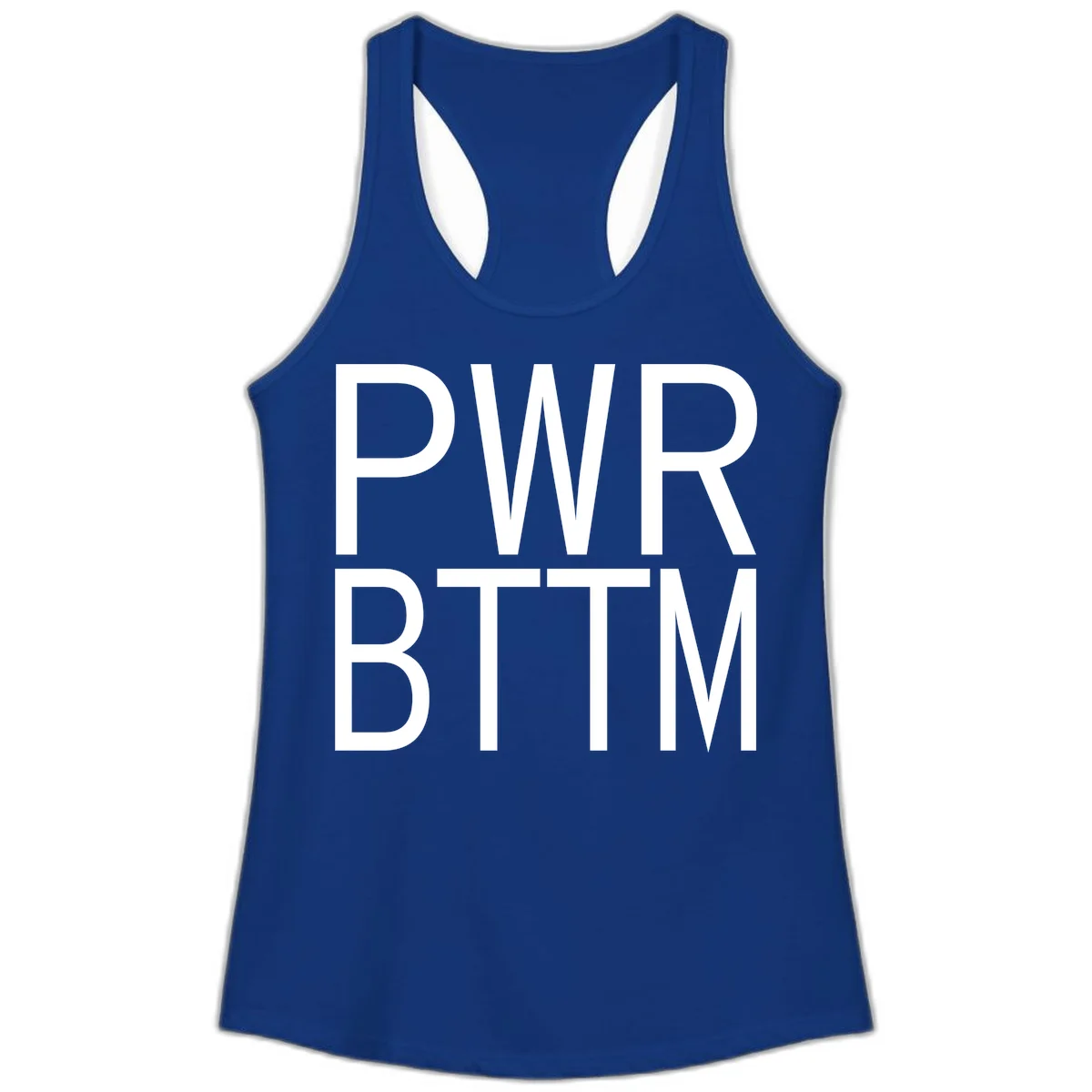 PWR BTTM pride shirt design with bold white sans-serif lettering stacked vertically on gray background in Solid Royal