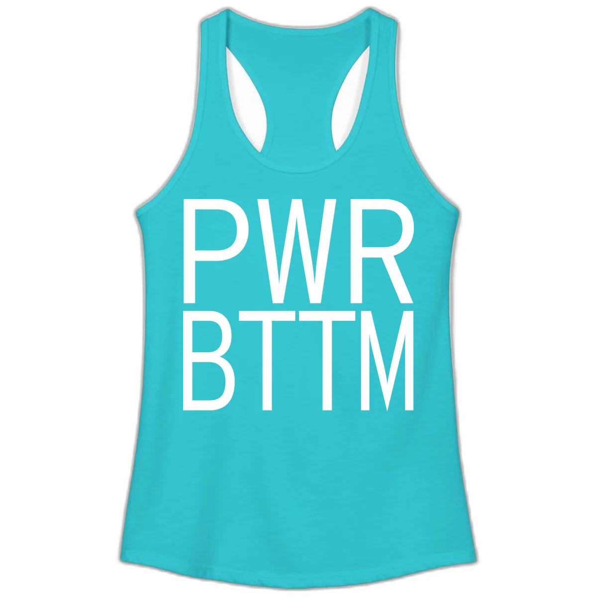 PWR BTTM pride shirt design with bold white sans-serif lettering stacked vertically on gray background in Solid Tahiti Blue