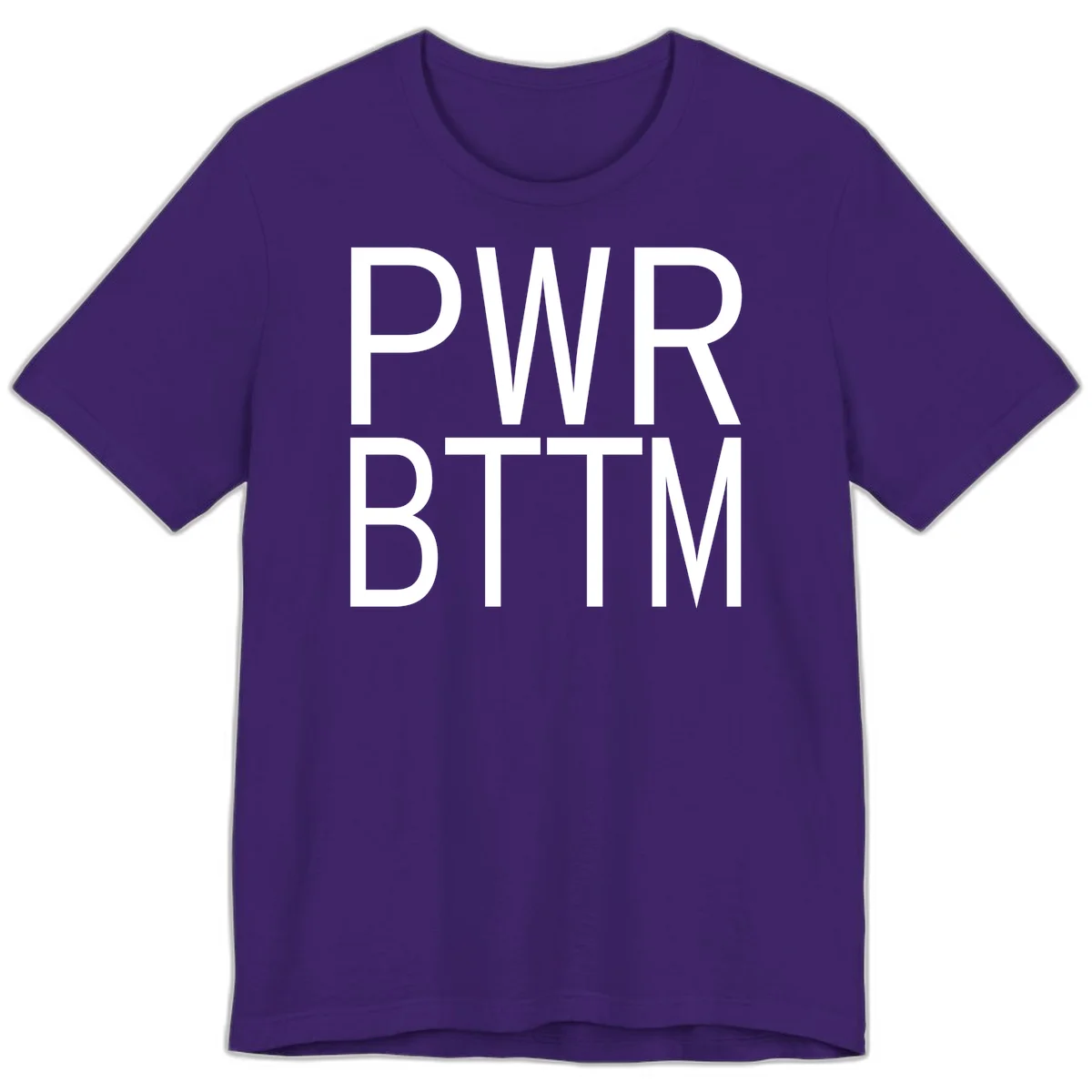 PWR BTTM pride shirt design with bold white sans-serif lettering stacked vertically on gray background in Team Purple