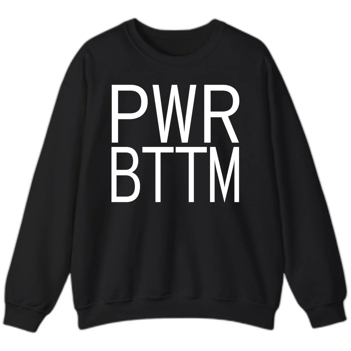 PWR BTTM pride shirt design with bold white sans-serif lettering stacked vertically on gray background in Black
