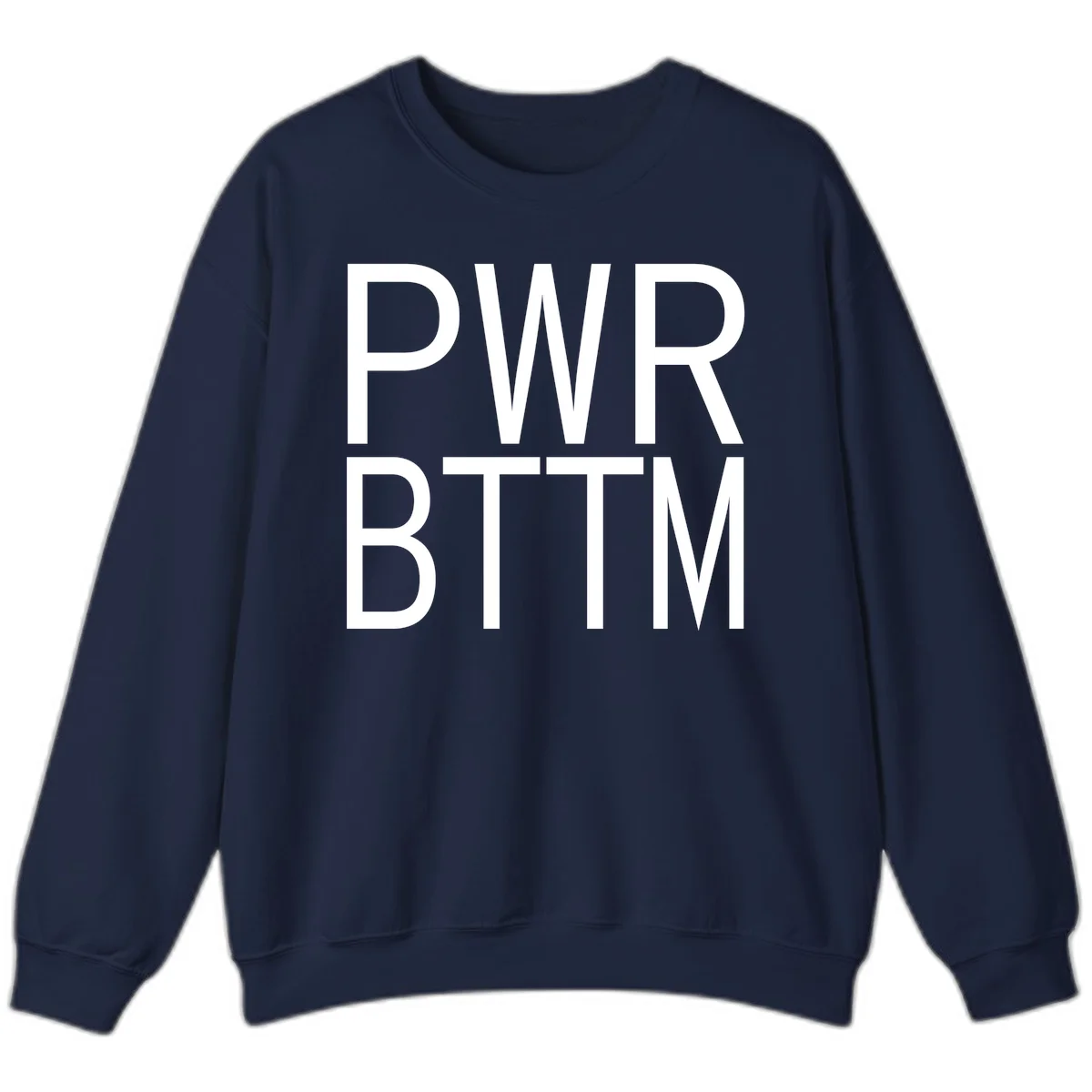 PWR BTTM pride shirt design with bold white sans-serif lettering stacked vertically on gray background in Navy