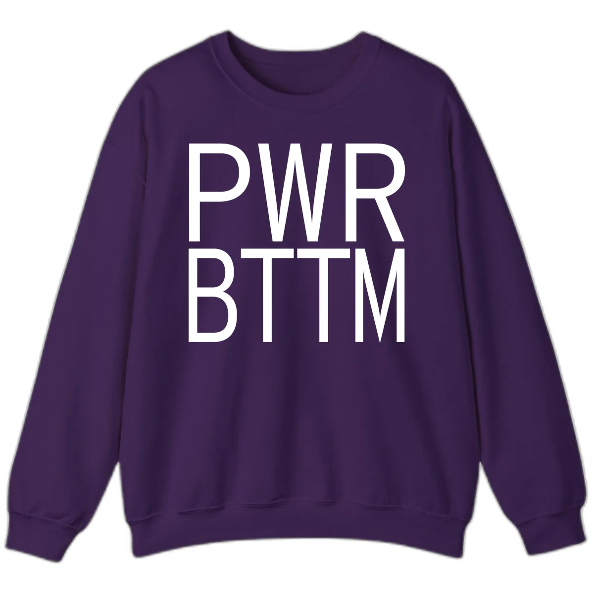 PWR BTTM pride shirt design with bold white sans-serif lettering stacked vertically on gray background in Purple