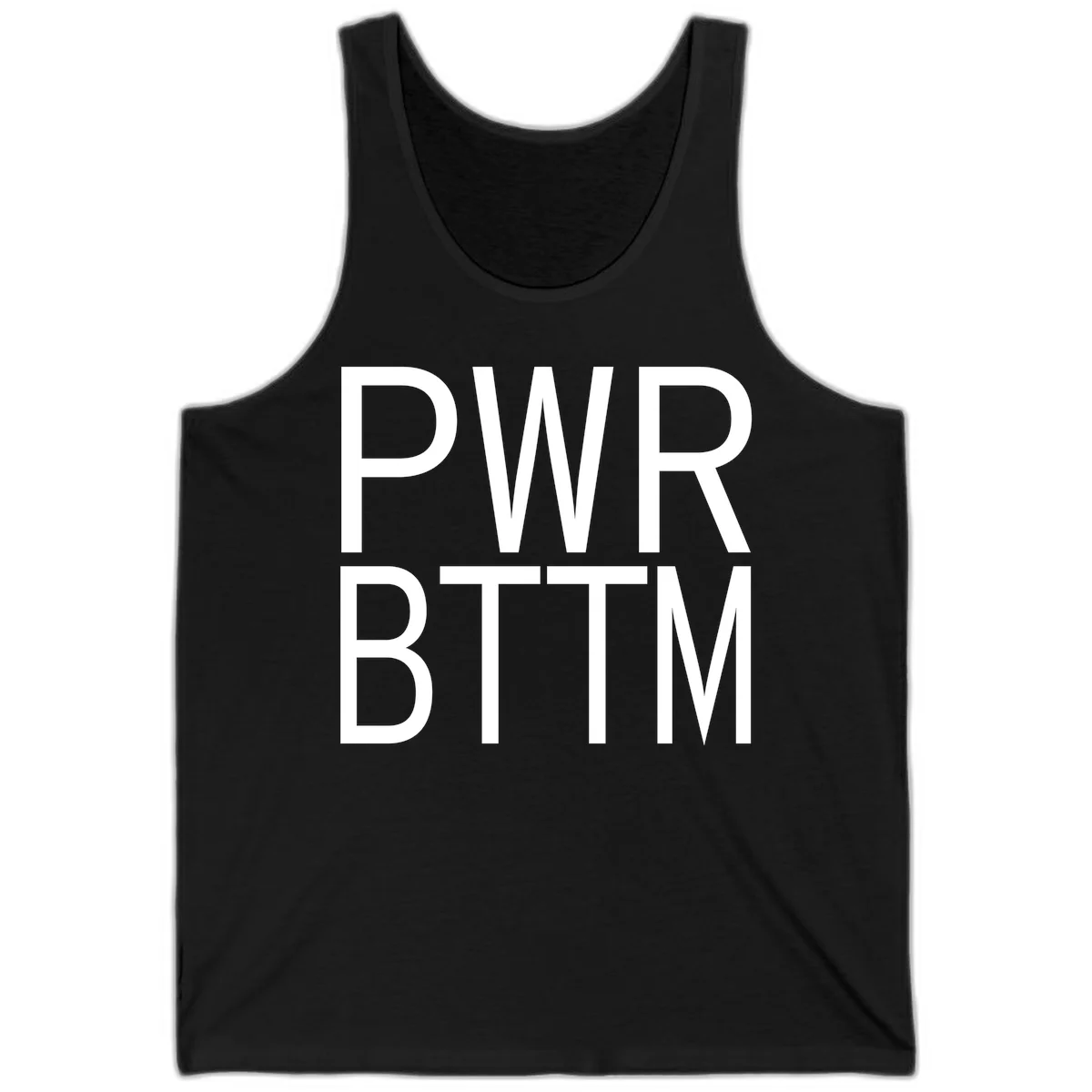PWR BTTM pride shirt design with bold white sans-serif lettering stacked vertically on gray background in Black