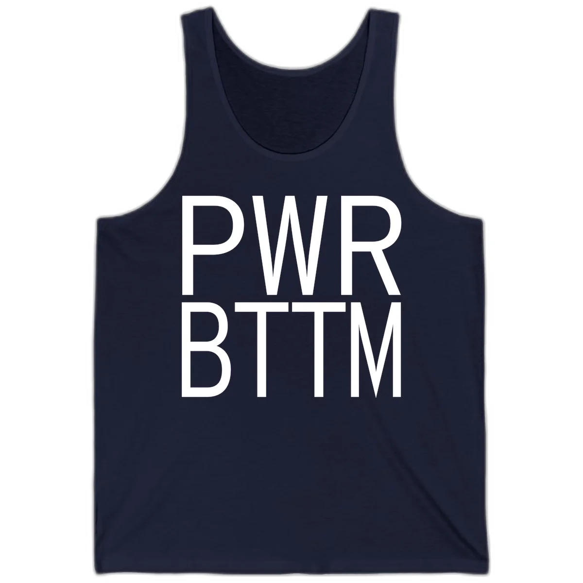 PWR BTTM pride shirt design with bold white sans-serif lettering stacked vertically on gray background in Navy