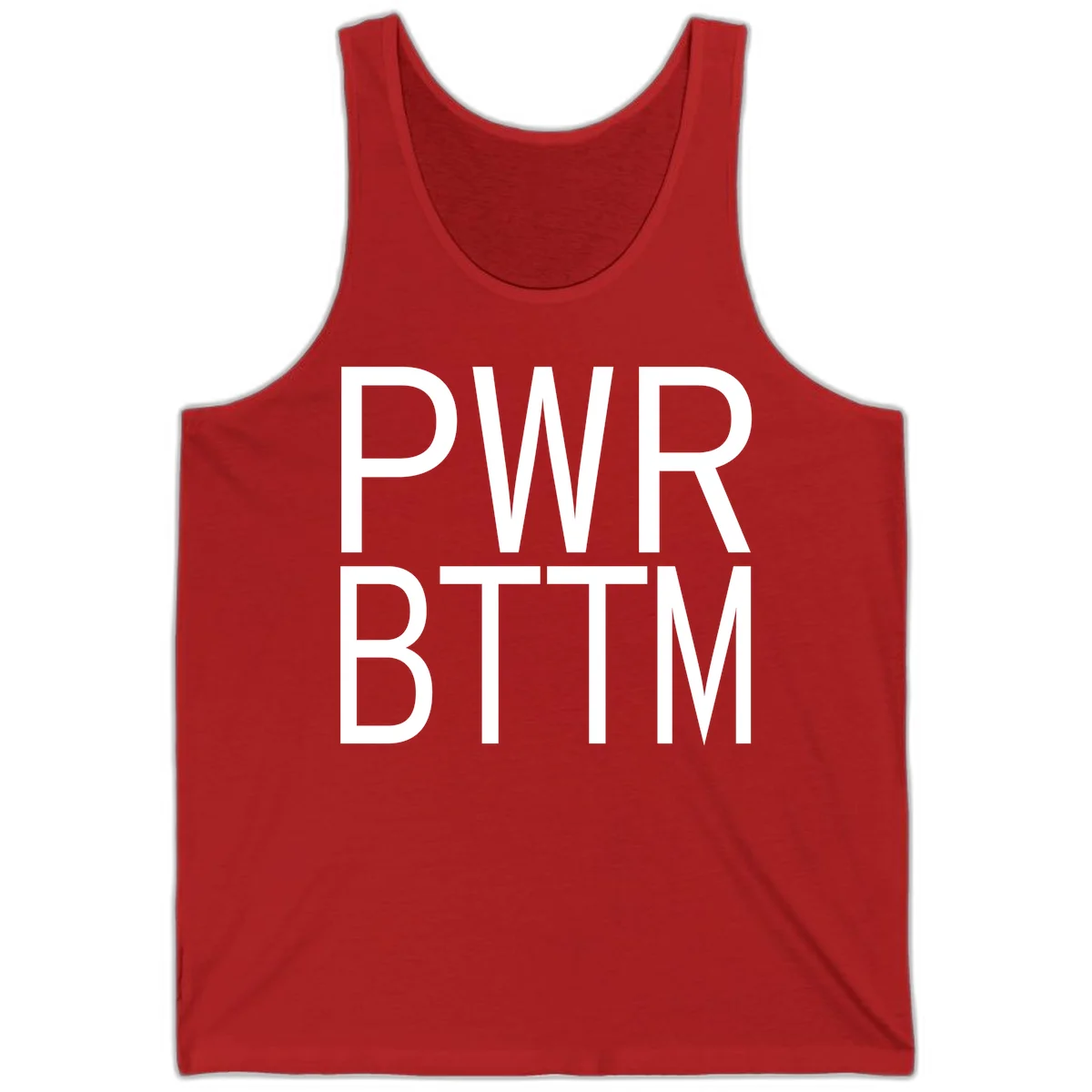 PWR BTTM pride shirt design with bold white sans-serif lettering stacked vertically on gray background in Red