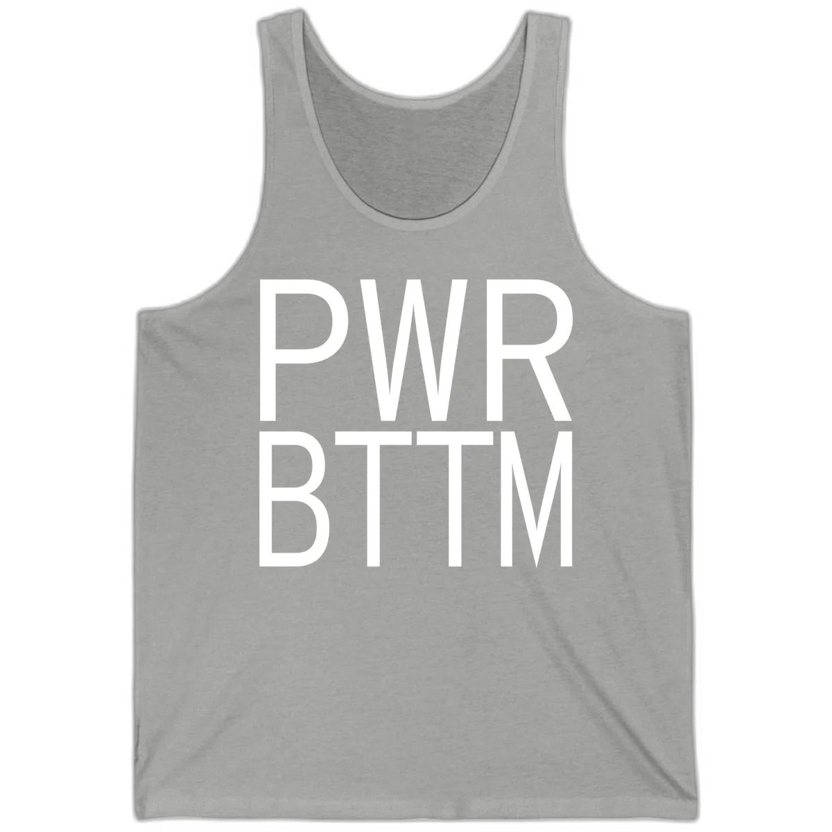 PWR BTTM pride shirt design with bold white sans-serif lettering stacked vertically on gray background in Athletic Heather